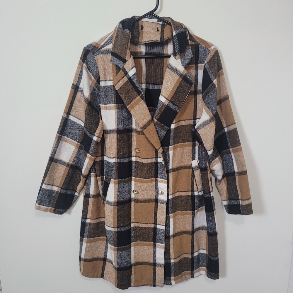 Unbranded Large Plaid Double Breasted Coat Womens Brown Black Gold Button Trench